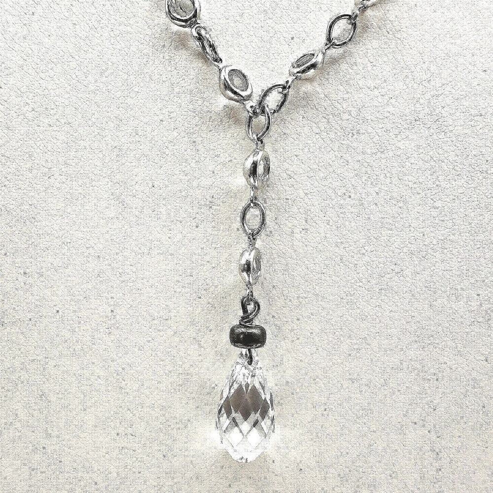 Vintage 90s Y2K Silver Tone Necklace Crystal Teardrop Lariat Y Dainty Elegant